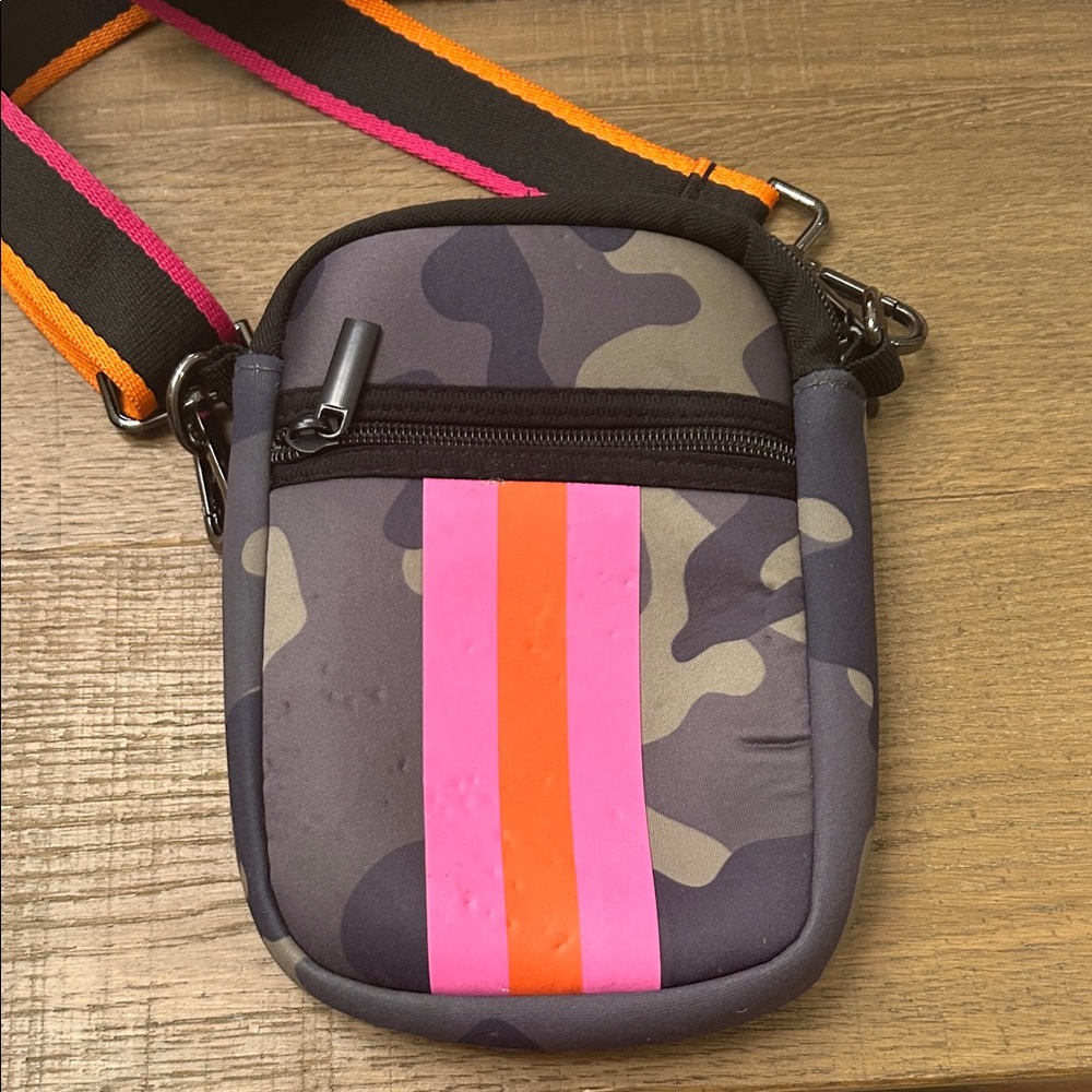 Camouflage Crossbody Bag with Pink and Orange Stripes